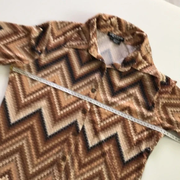 XOXOXO womens L / 12 half sleeve tan brown black button up shirt retro 70s - Picture 9 of 15